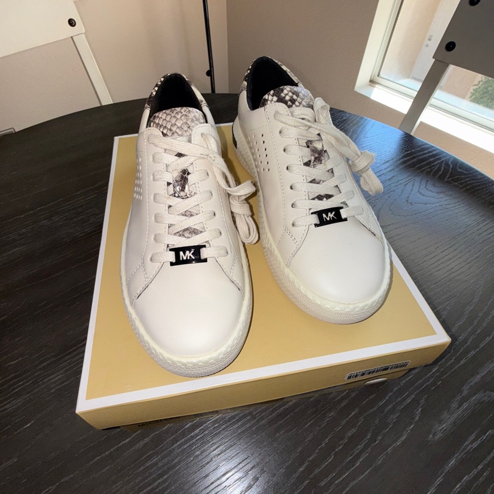 Michael Kors Cream Sneakers with Snake Print Accent